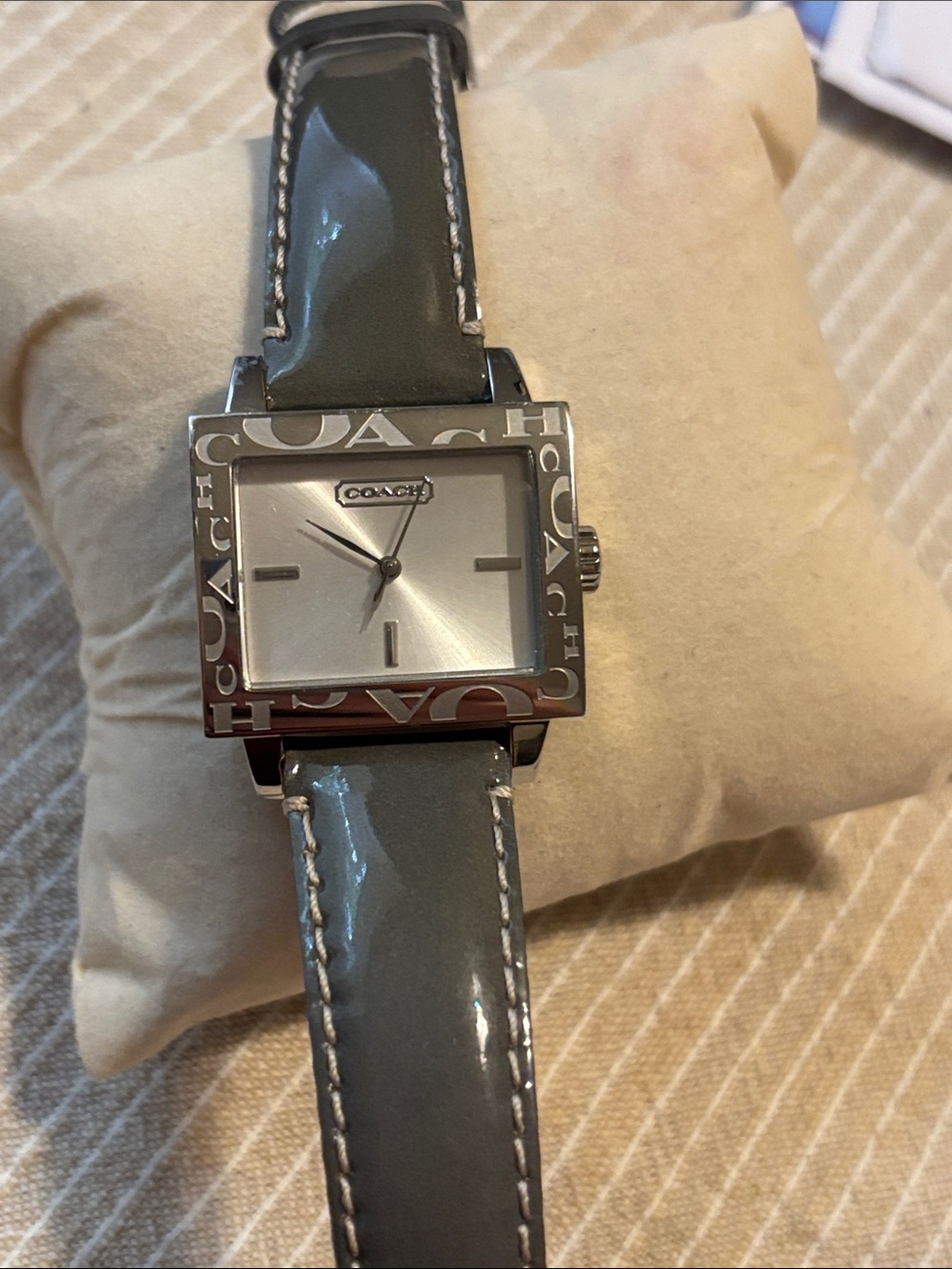 Coach Square Silver Dial Watch with Gray Patent Leather Strap